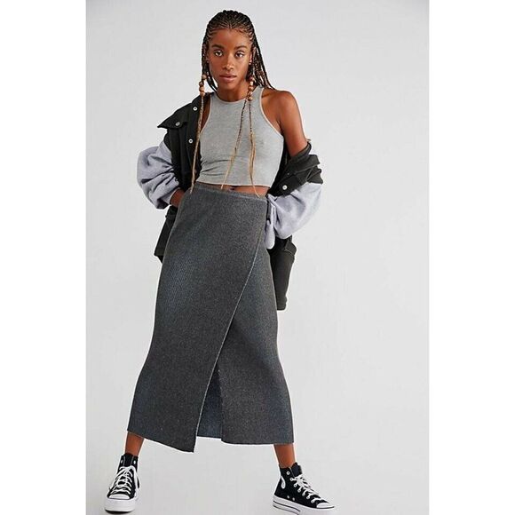 NWT FREE PEOPLE Sz M BORDERLINE MIDI SKIRT RIBBED WRAP SKIRT CARBON - Picture 1 of 2